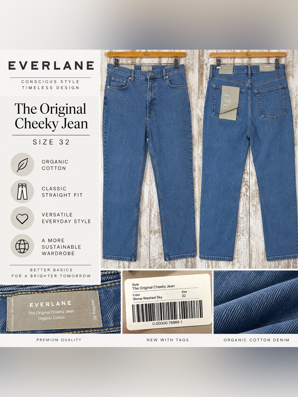 Everlane The Original Cheeky Jean Size 32 Stone-Washed Sky Organic Cotton NWT